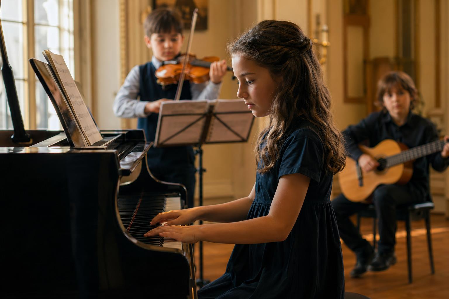Children playing piano, violin, guitar, flute and drums together